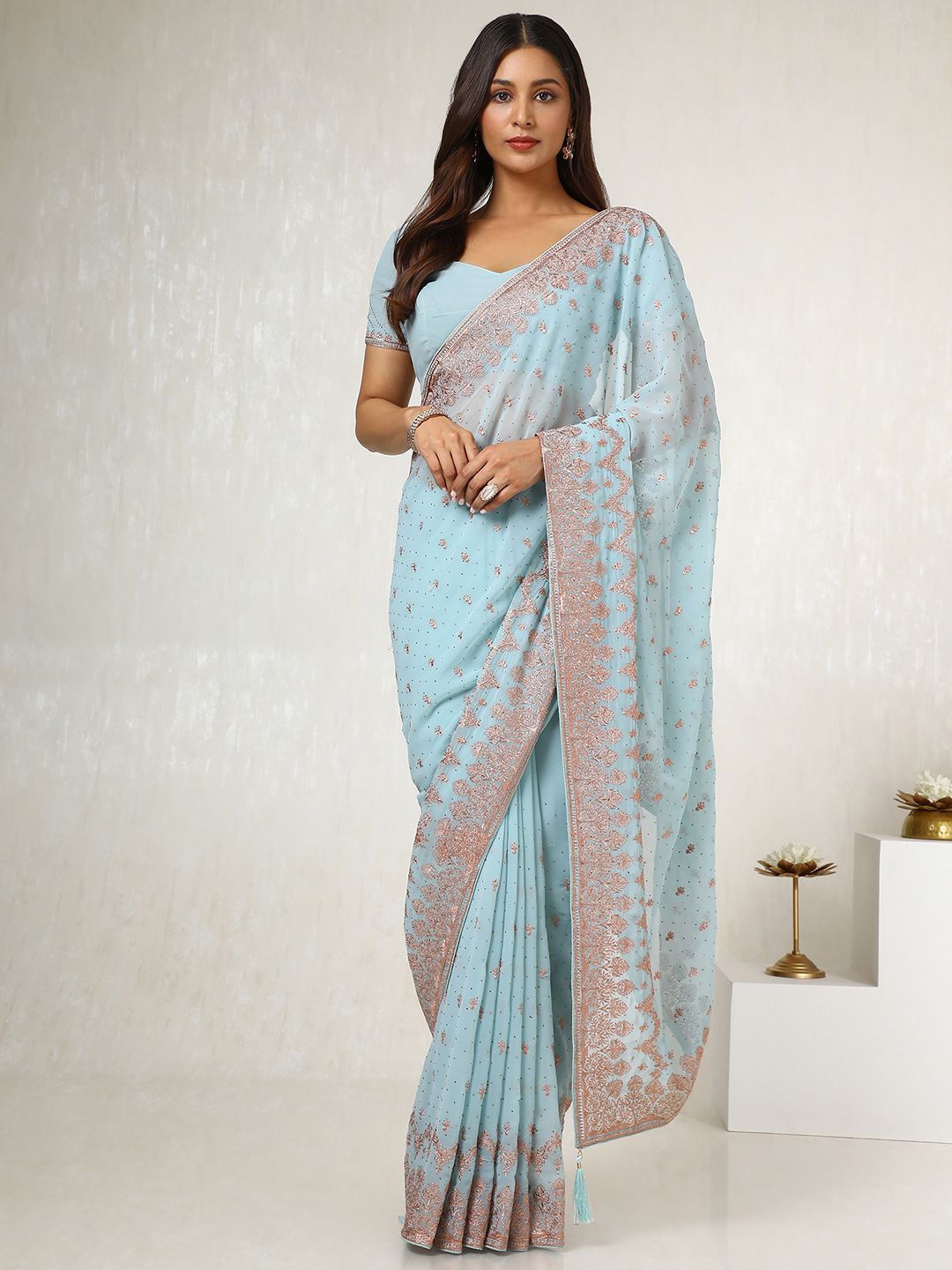 

Soch Floral Beads and Stones Poly Georgette Saree, Blue