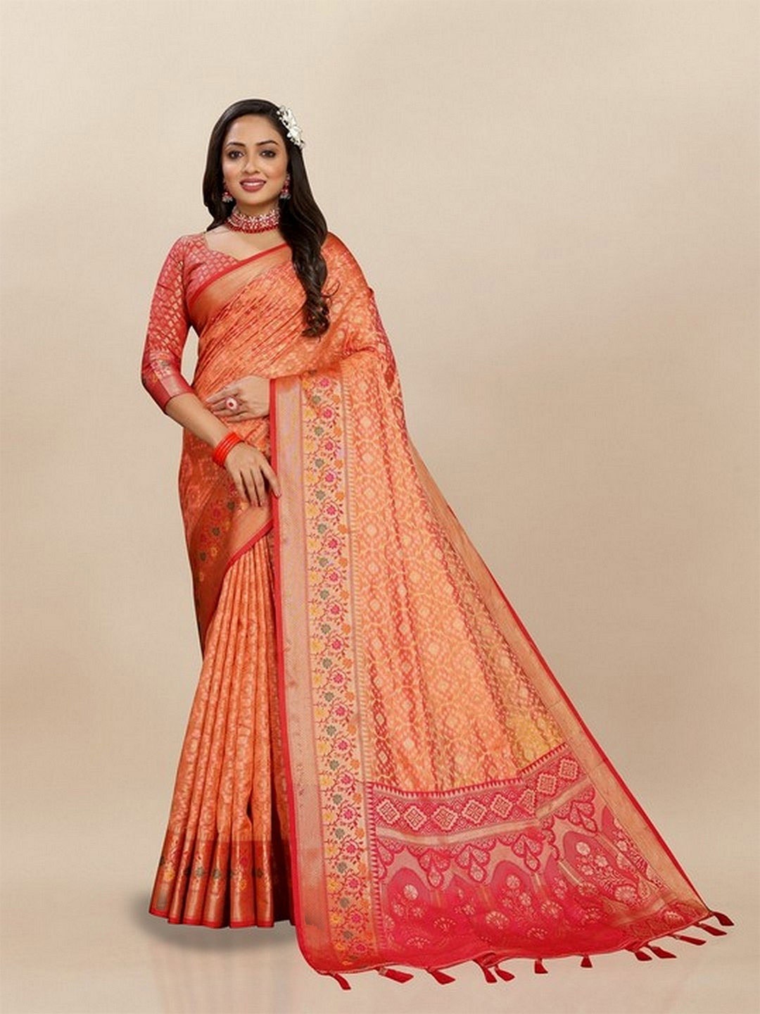 

VARNI FABRICS Woven Design Zari Pure Silk Banarasi Saree, Orange