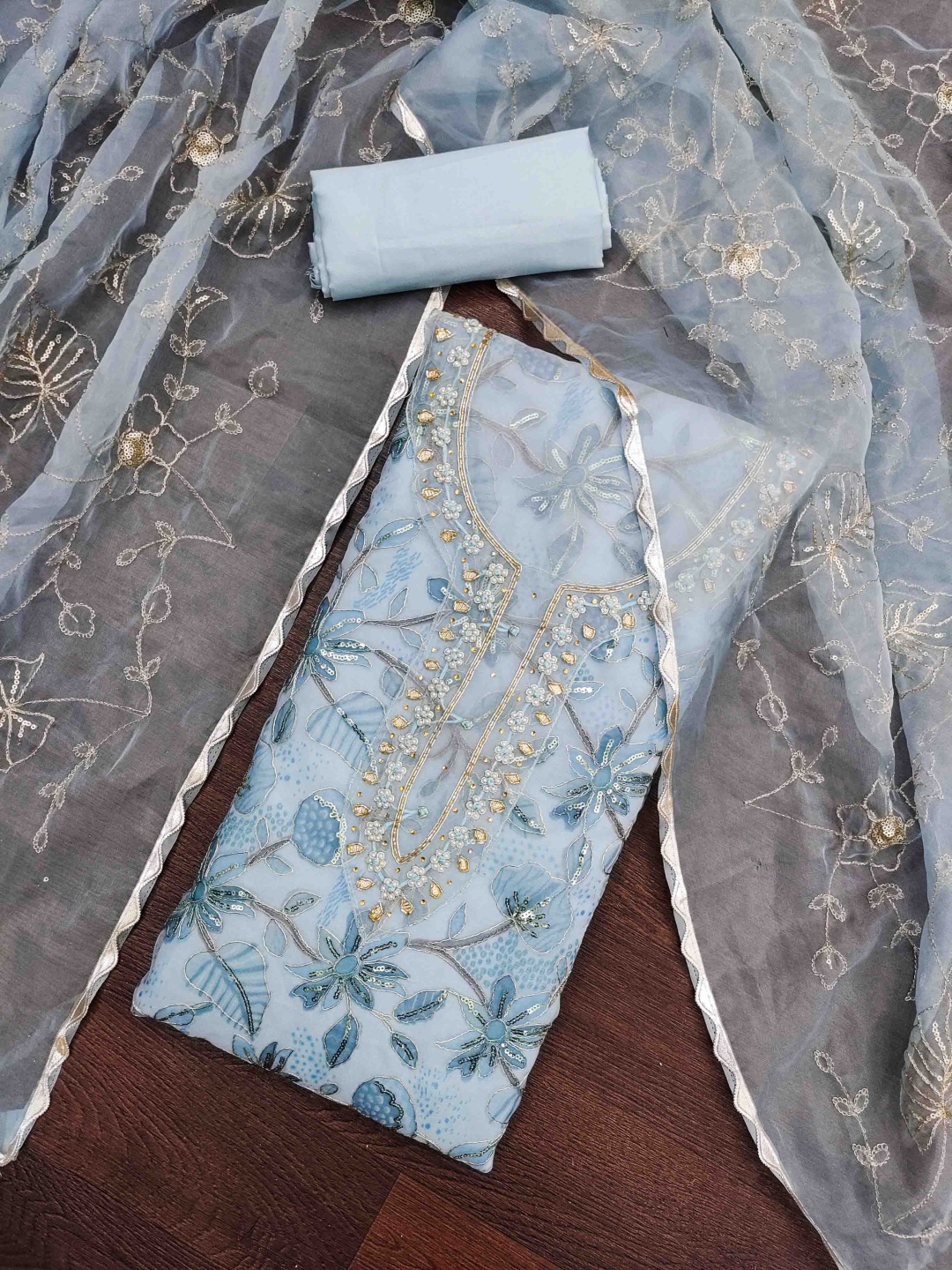 

KALINI Embellished Organza Unstitched Dress Material, Blue