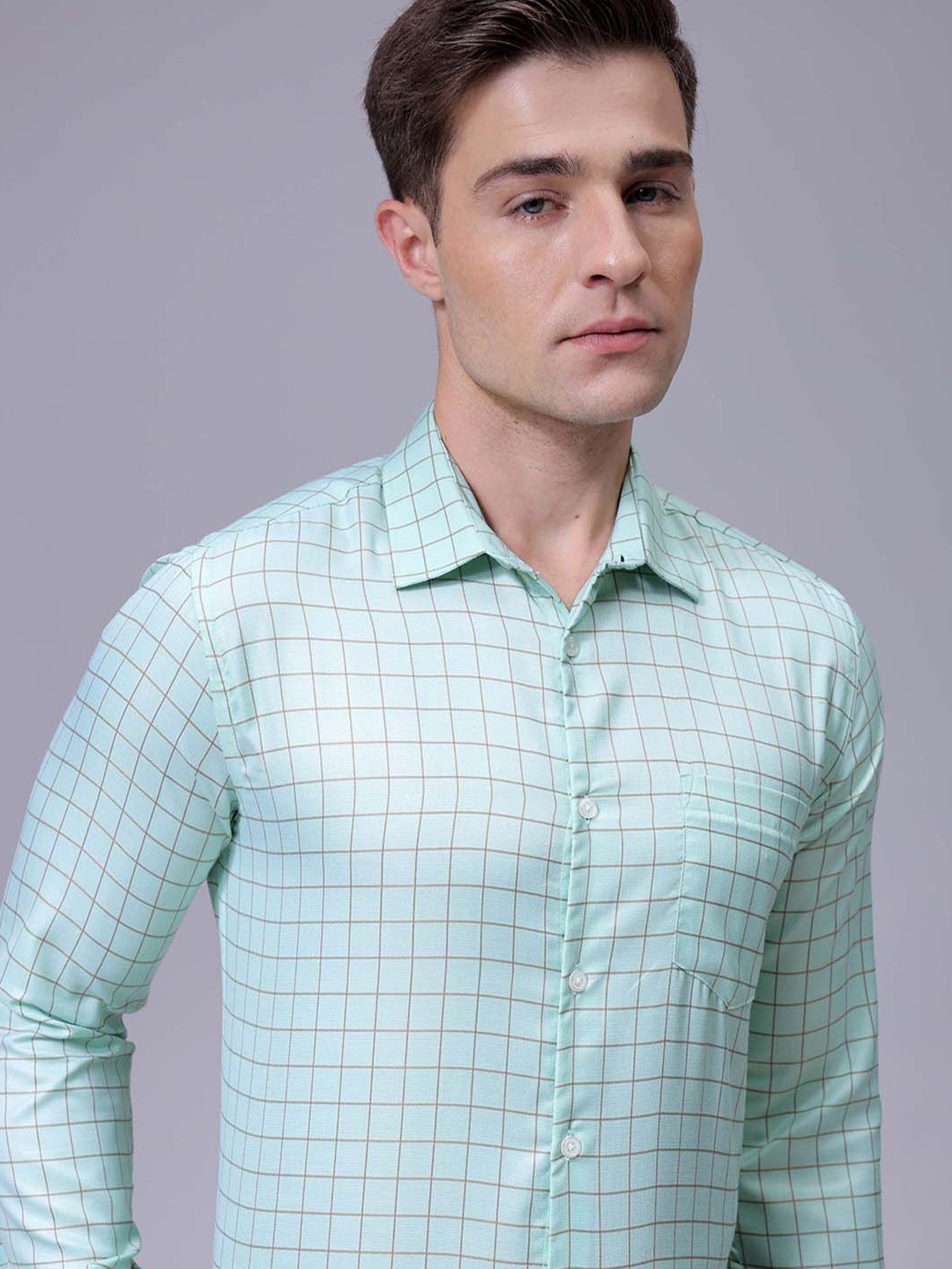 

The Indian Garage Co. X Luxe Men Slim Fit Cutaway Collar Grid Tattersall Checked Formal Shirt, Sea green