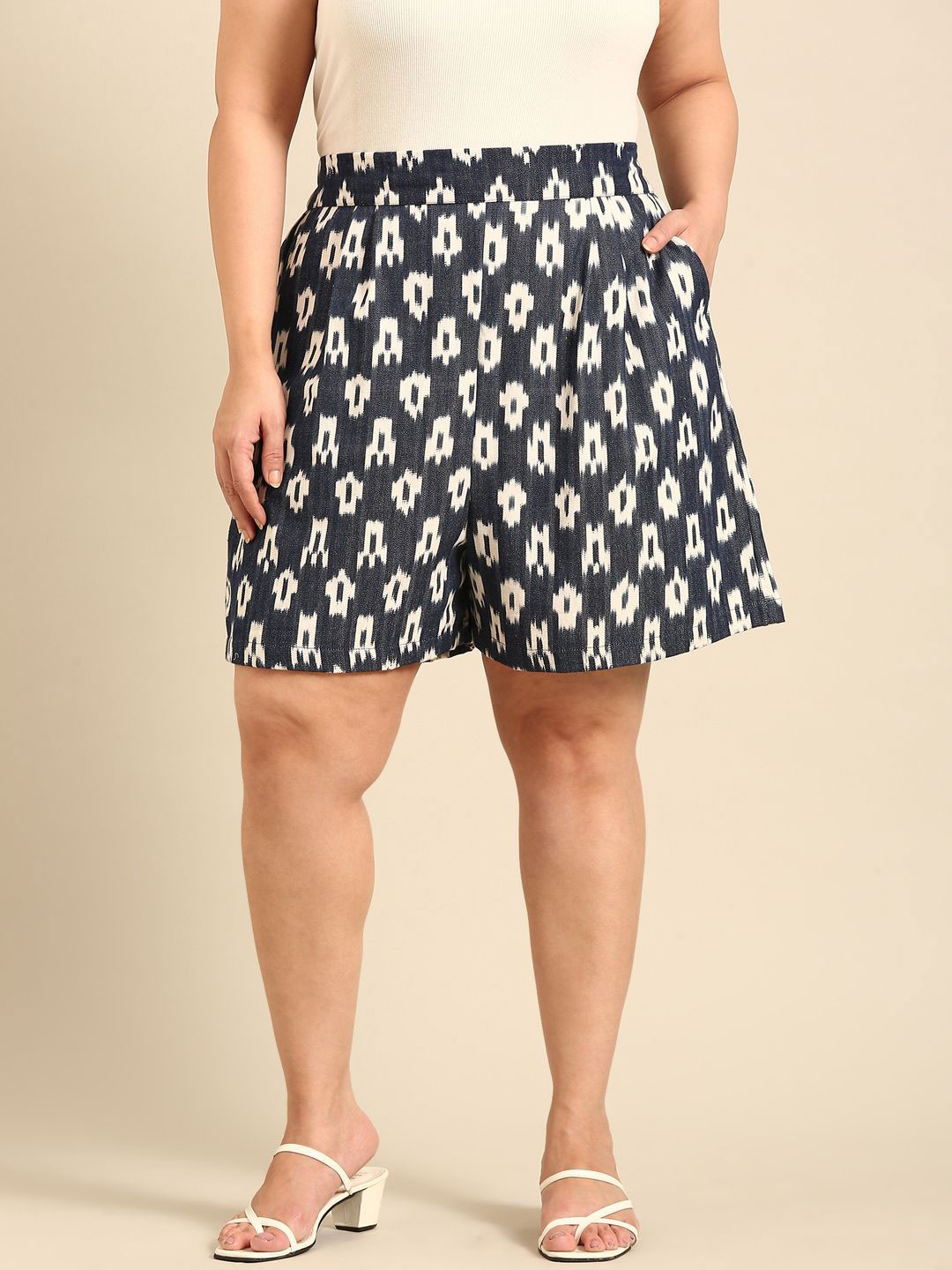 

The Pink Moon Women Abstract Printed High-Rise Ikkat Printed Cotton Shorts, Navy blue