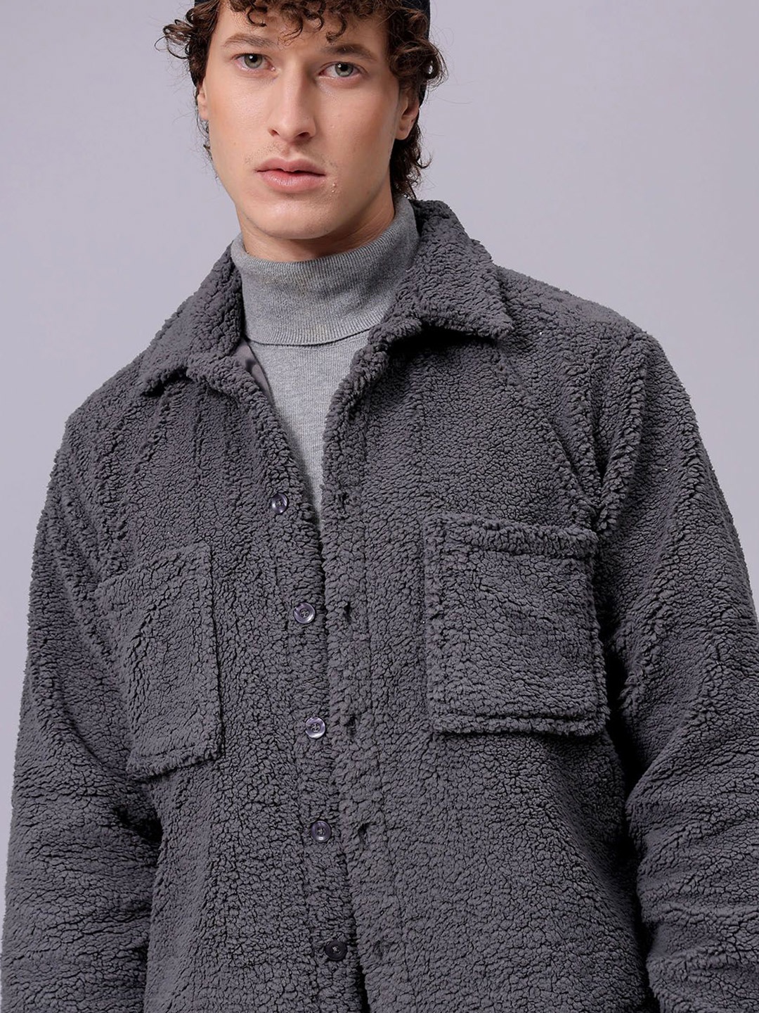 

The Indian Garage Co Men Fleece Regular Fit Casual Winter Overshirt, Grey