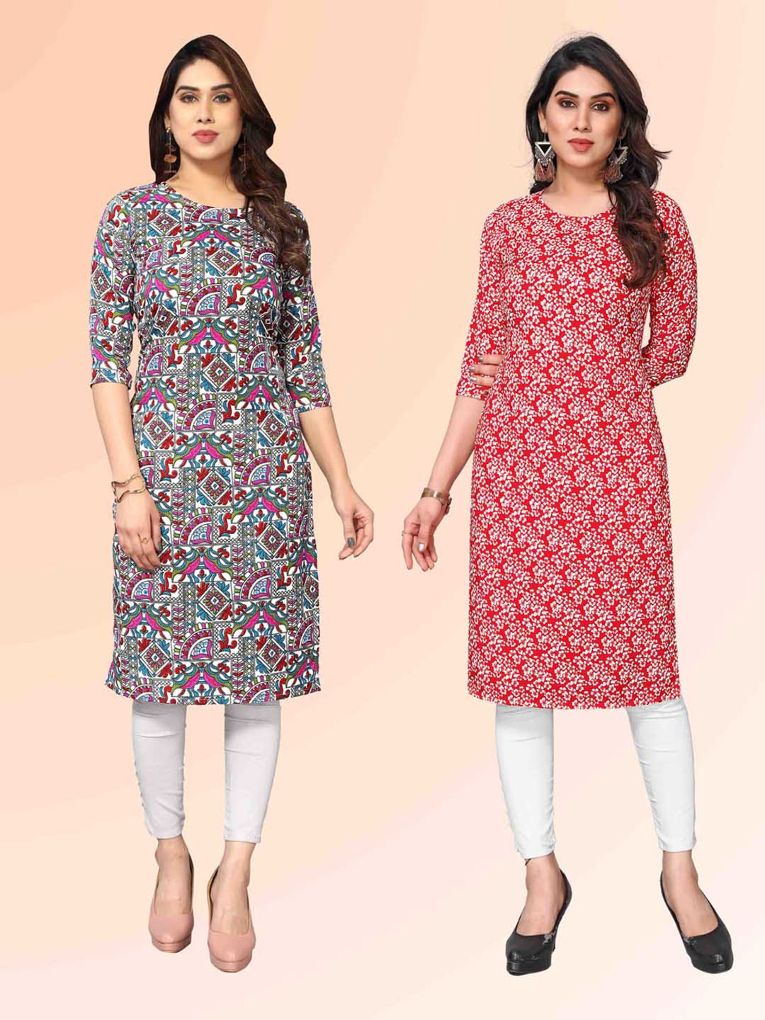 

KETAKI FASHION Selection Of 2 Ethnic Motifs Printed Round Neck Straight Kurtas, White