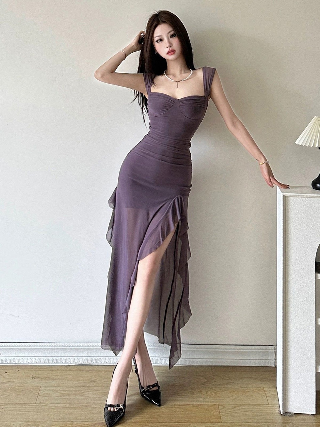 

Alamode By Akanksha Women Purple Cougar Ruffled Bodycon Maxi Dress