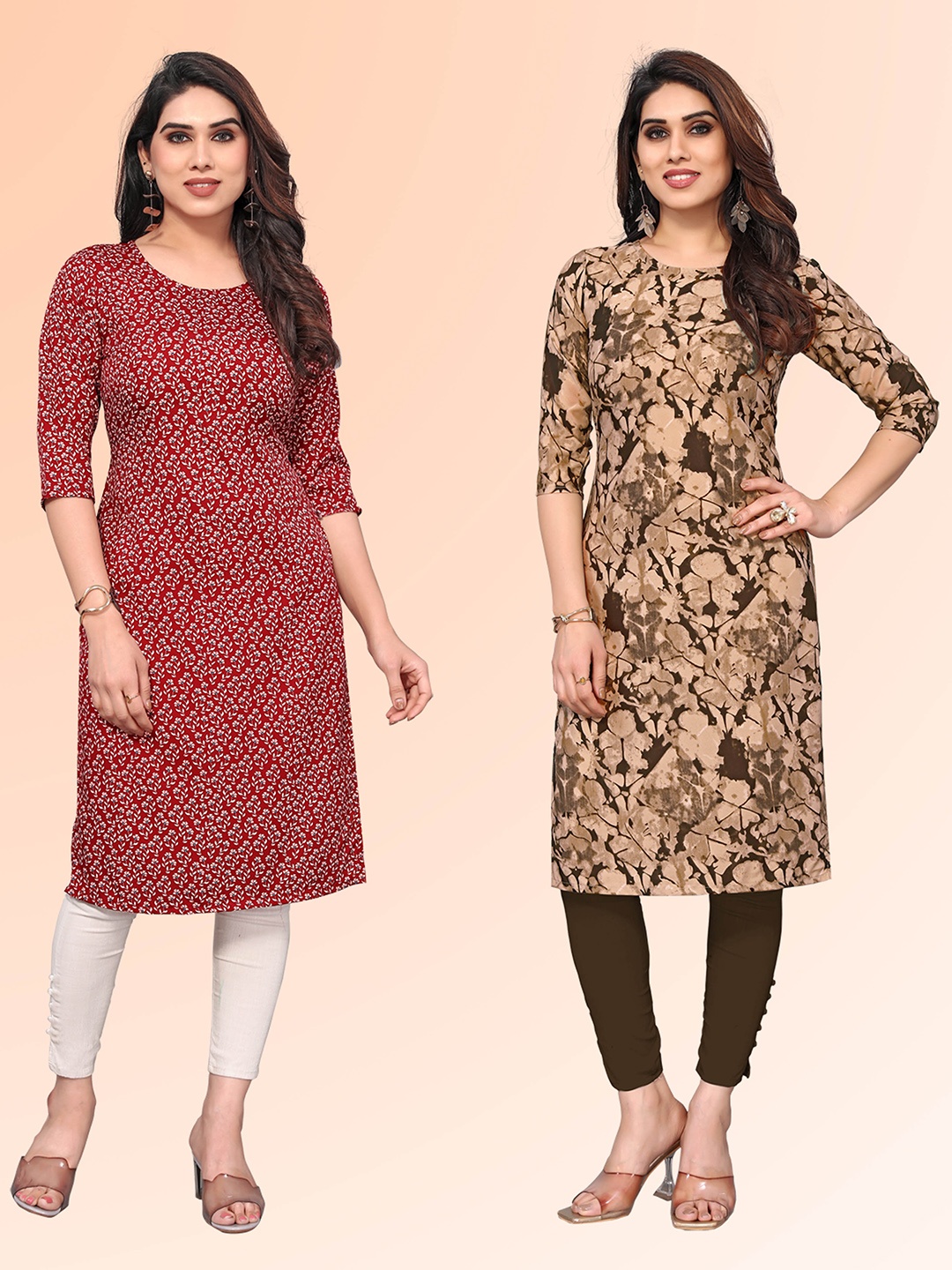 

KETAKI FASHION Selelction Of 2 Floral Printed Round Neck Straight Kurtas, Red