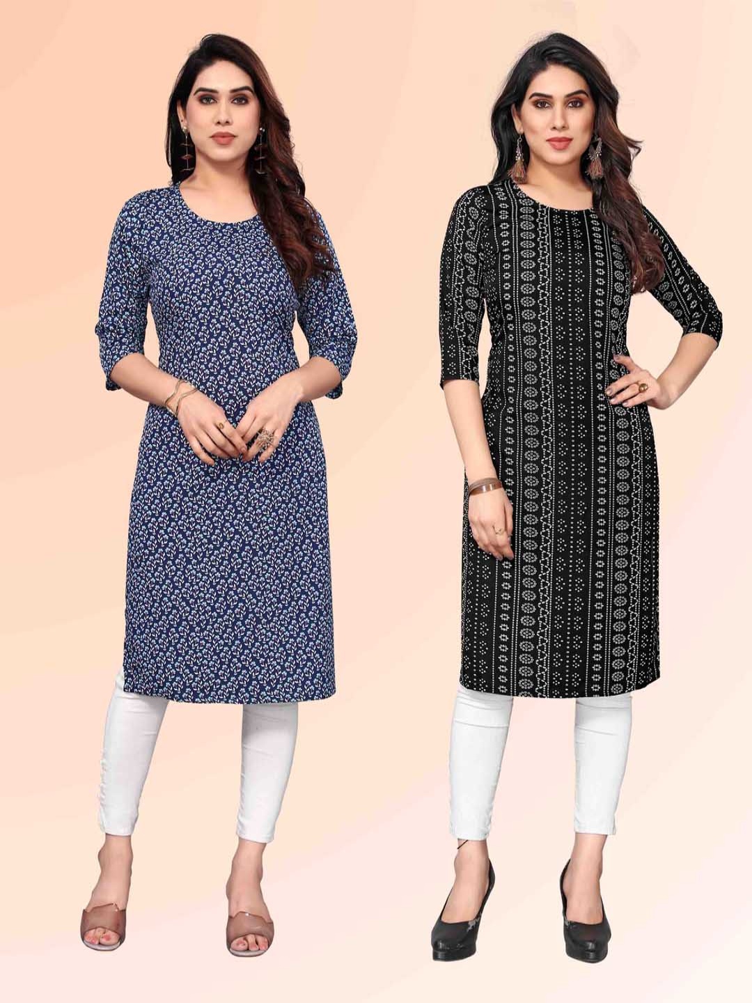 

KETAKI FASHION Selection Of 2 Floral Printed Round Neck Straight Kurtas, Blue