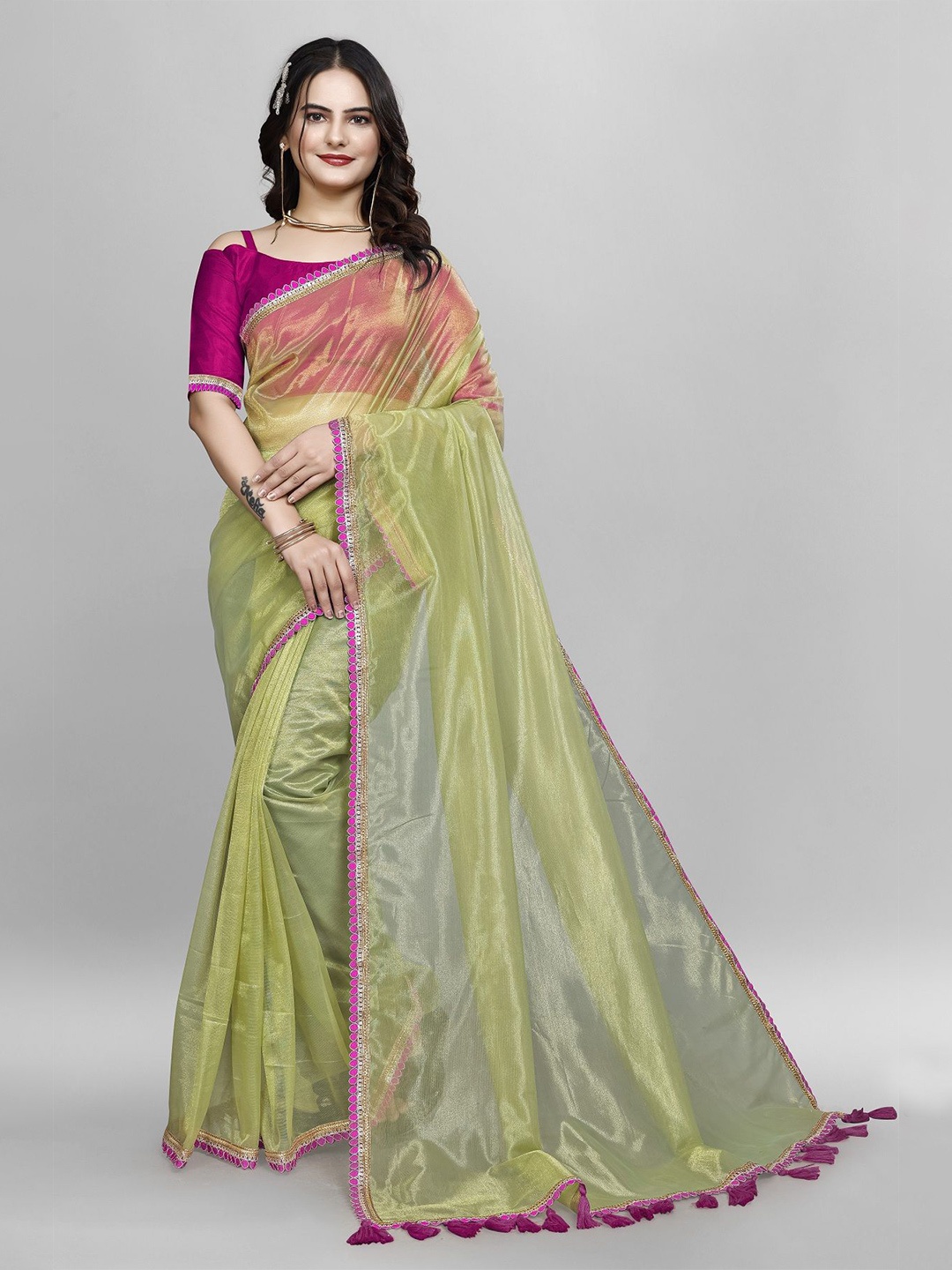

JULEE Solid Net Saree, Olive