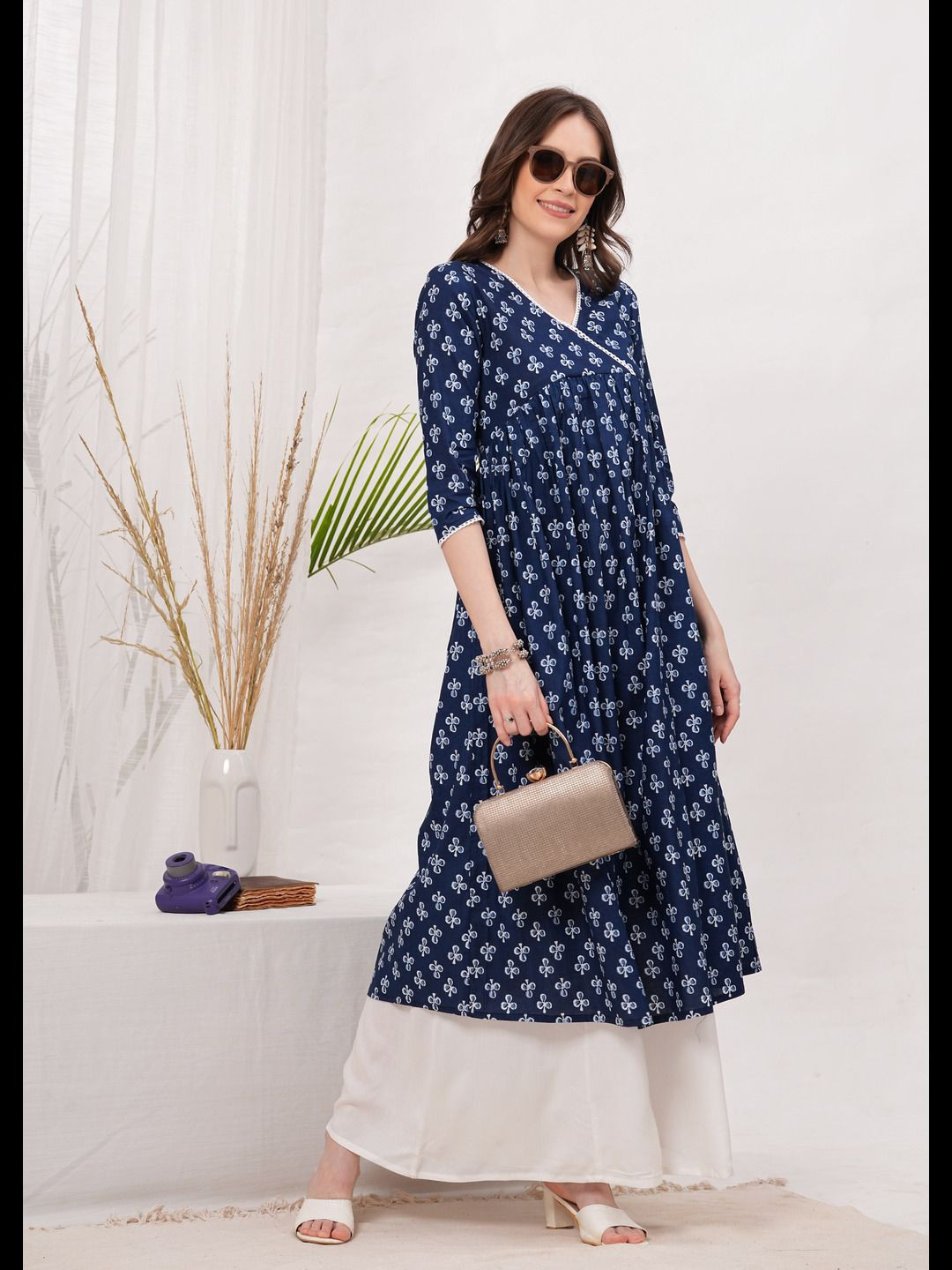 

Vilgi Floral Printed V-Neck Pleated Pure Cotton A-Line Kurta, Blue