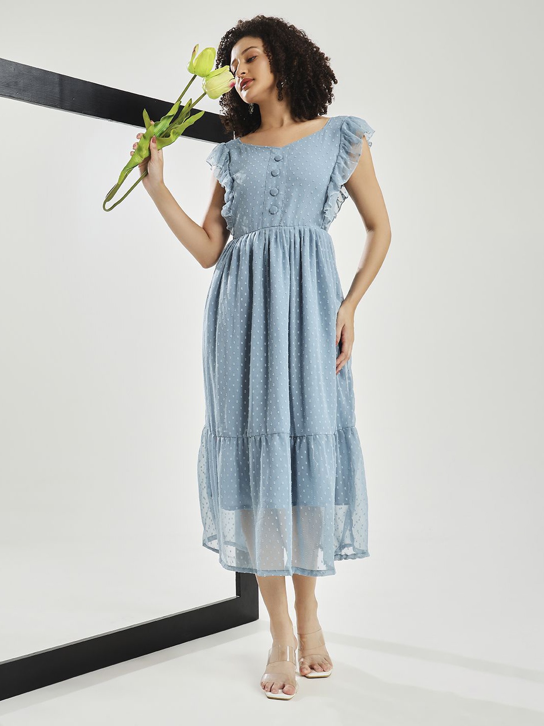 

BEN-LEE Women Self Design Ruffles Fit & Flare Midi Dress, Grey