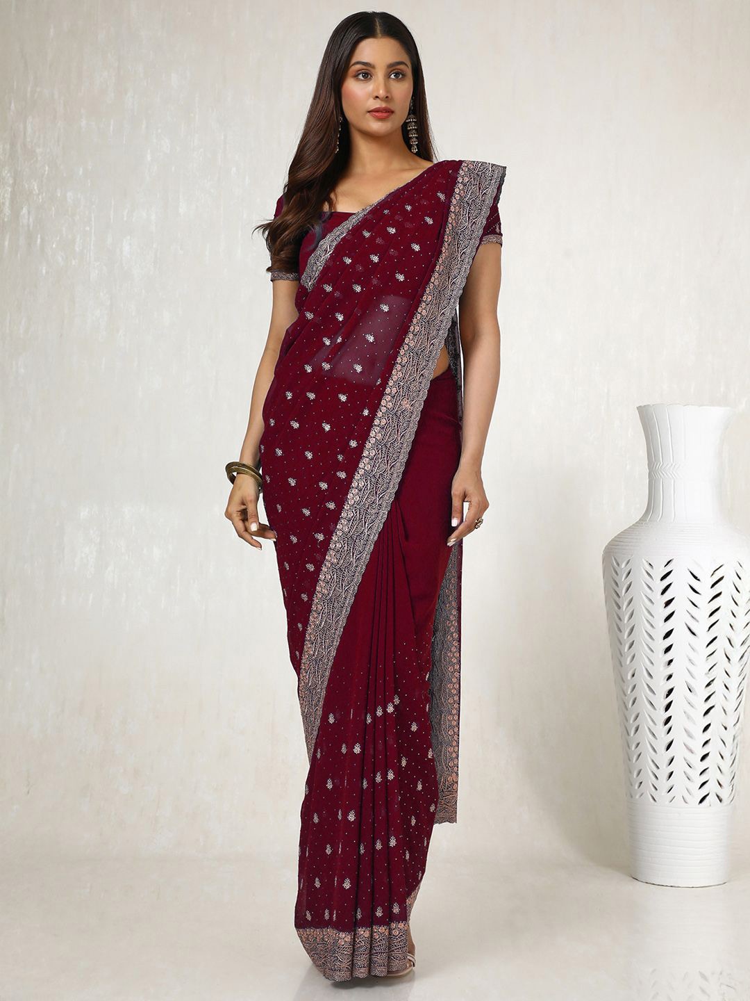 

Soch Ethnic Motifs Beads and Stones Poly Georgette Saree, Maroon