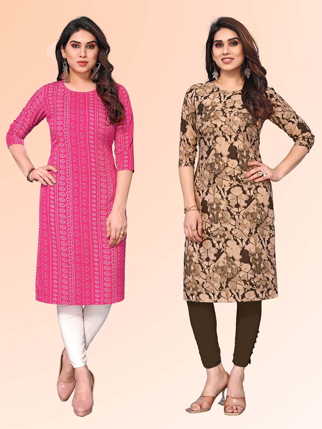 

KETAKI FASHION Selection Of 2 Ethnic Motifs Round Neck Straight Kurtas, Beige