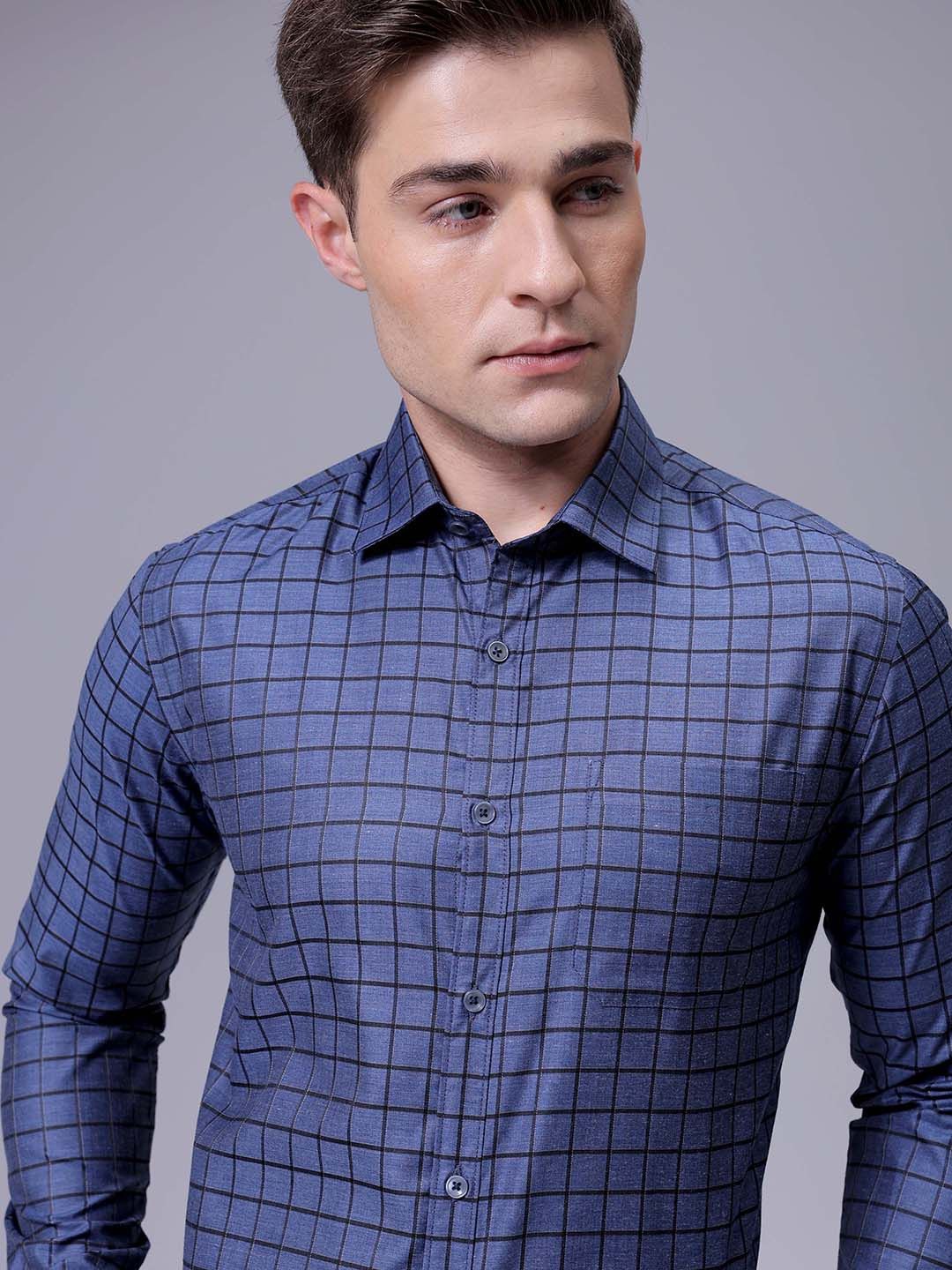 

The Indian Garage Co. X Luxe Men Slim Fit Cutaway Collar Grid Tattersall Checked Formal Shirt, Navy blue