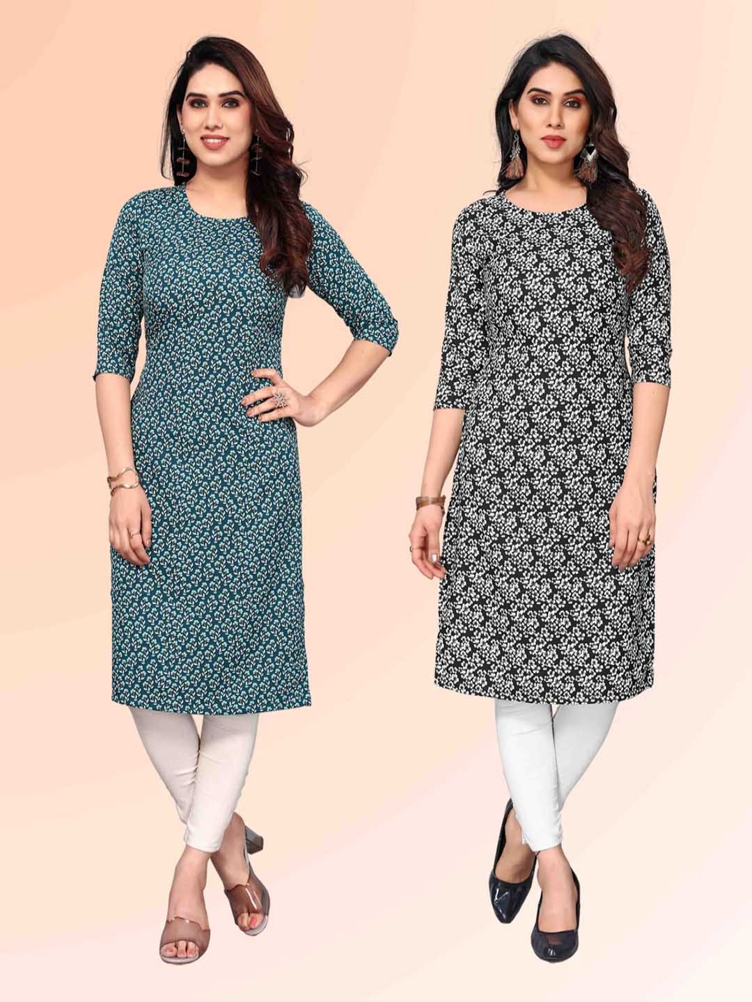 

KETAKI FASHION Selection Of 2 Floral Printed Round Neck Straight Kurtas, Teal