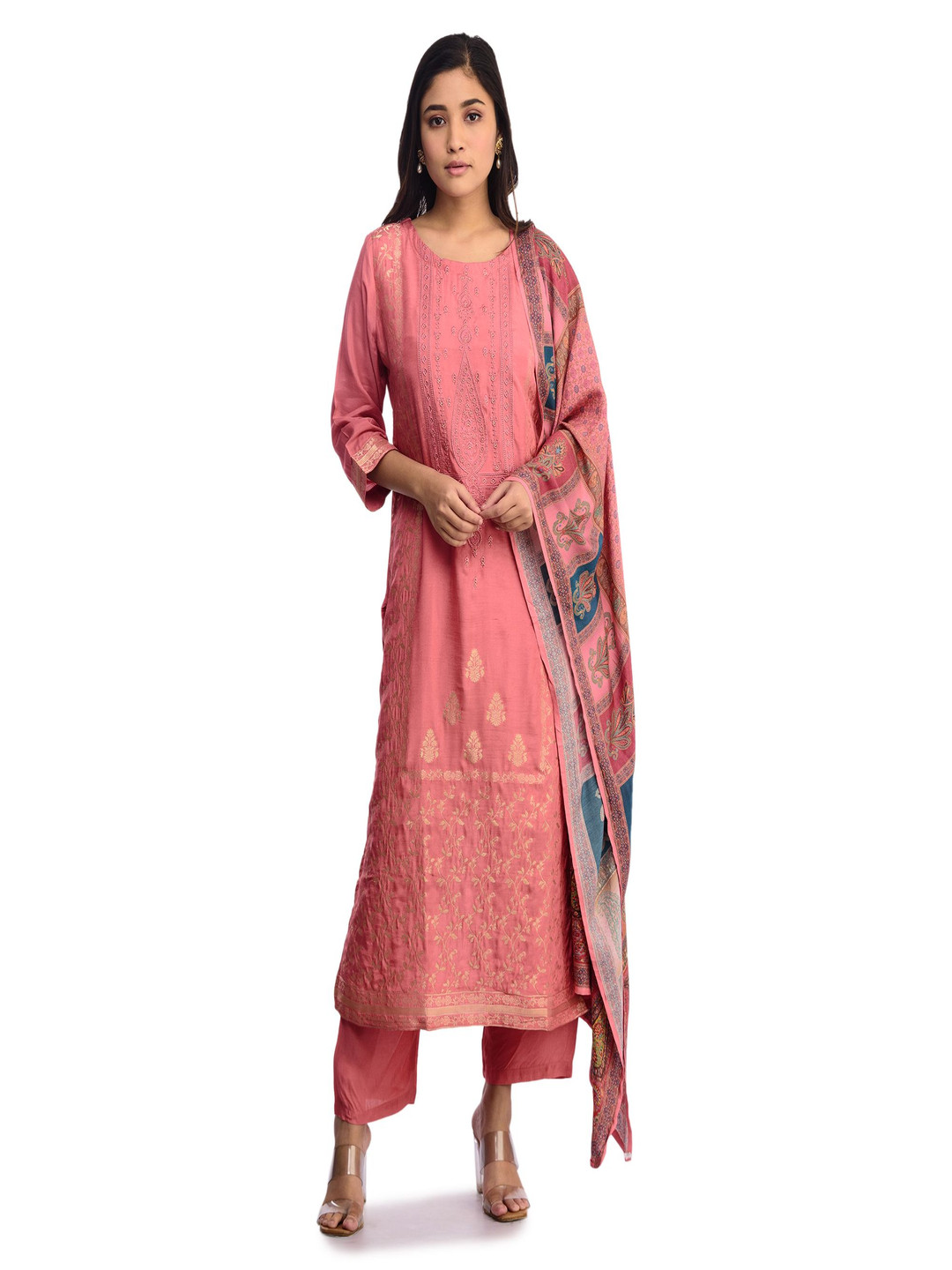

ISHKIYA Floral Embroidered Beads And Stones Straight Kurta With Trousers And Dupatta, Pink