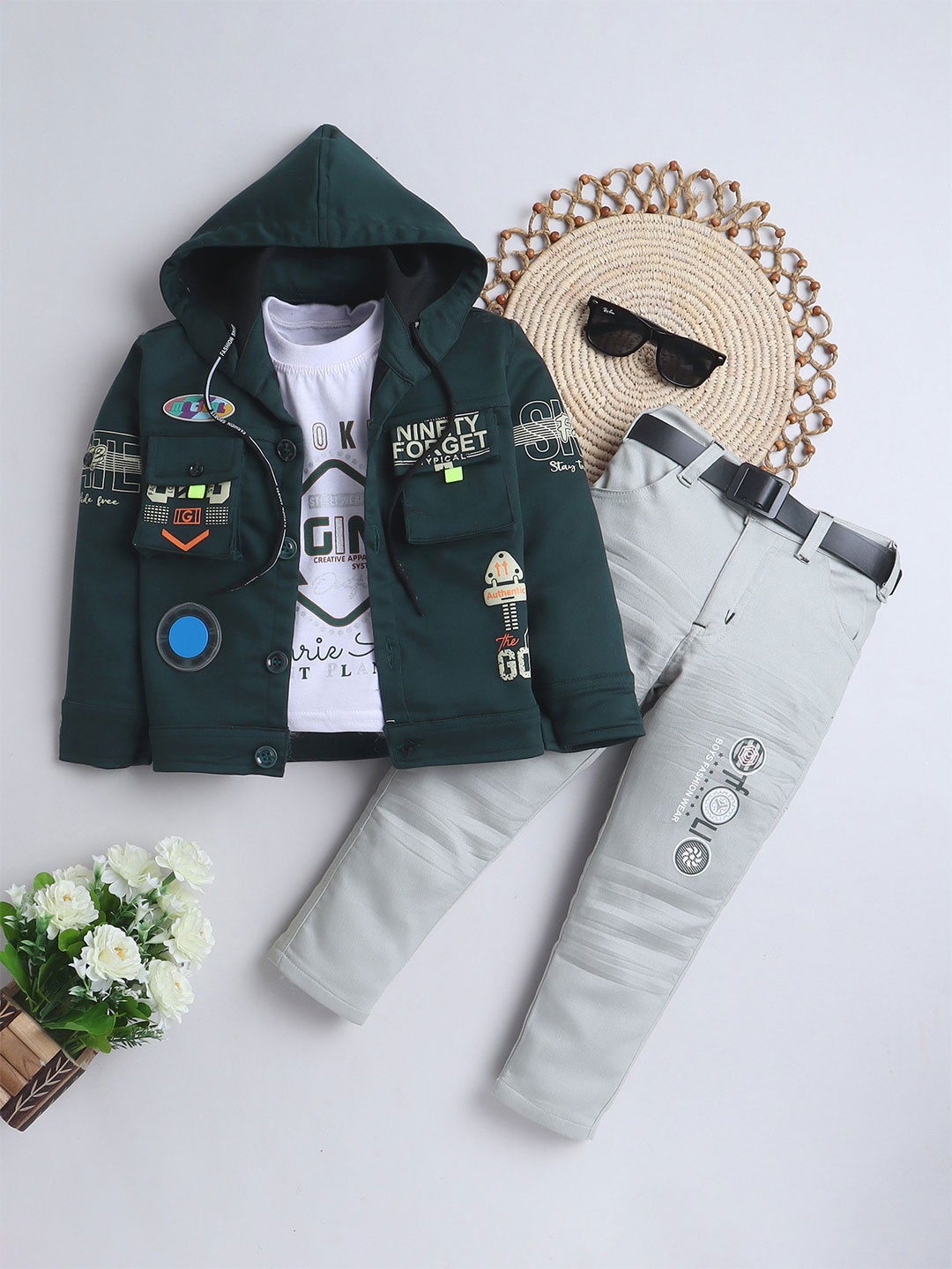 

FOURFOLDS Boys Printed Hooded Jacket With Trousers And T-Shirt, Green