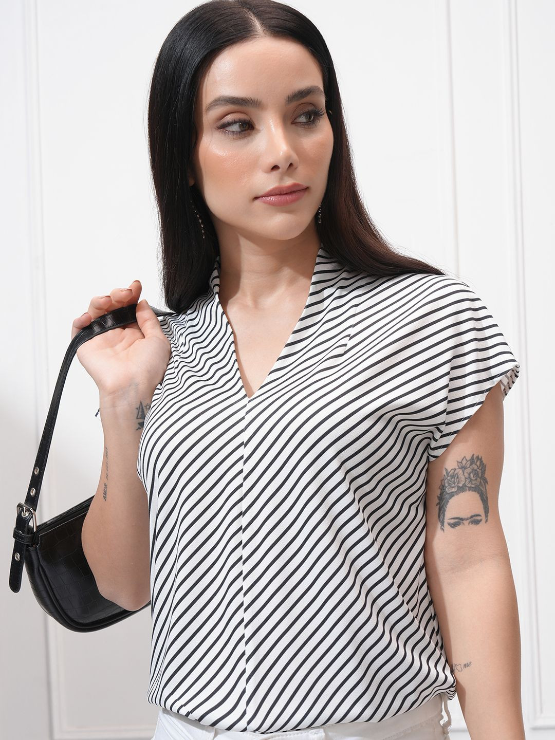 

Tokyo Talkies Women Striped V Neck Extended Shoulder Top, White