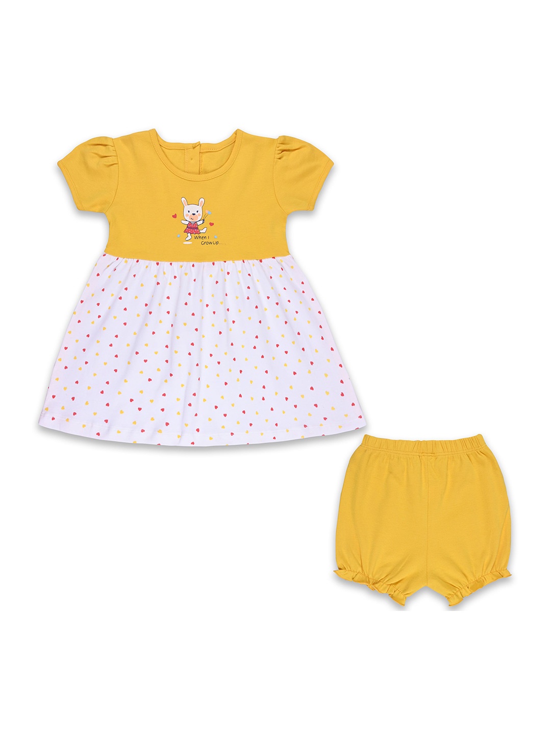 

Wish Karo Girls Polka Dot Print Puff Sleeve Cotton A-Line Dress, Mustard