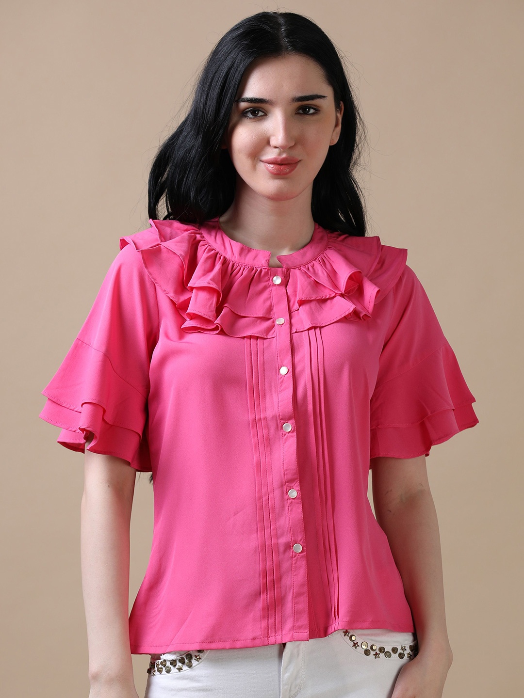 

Hassu's Women Flared Sleeve Crepe Shirt Style Top, Pink