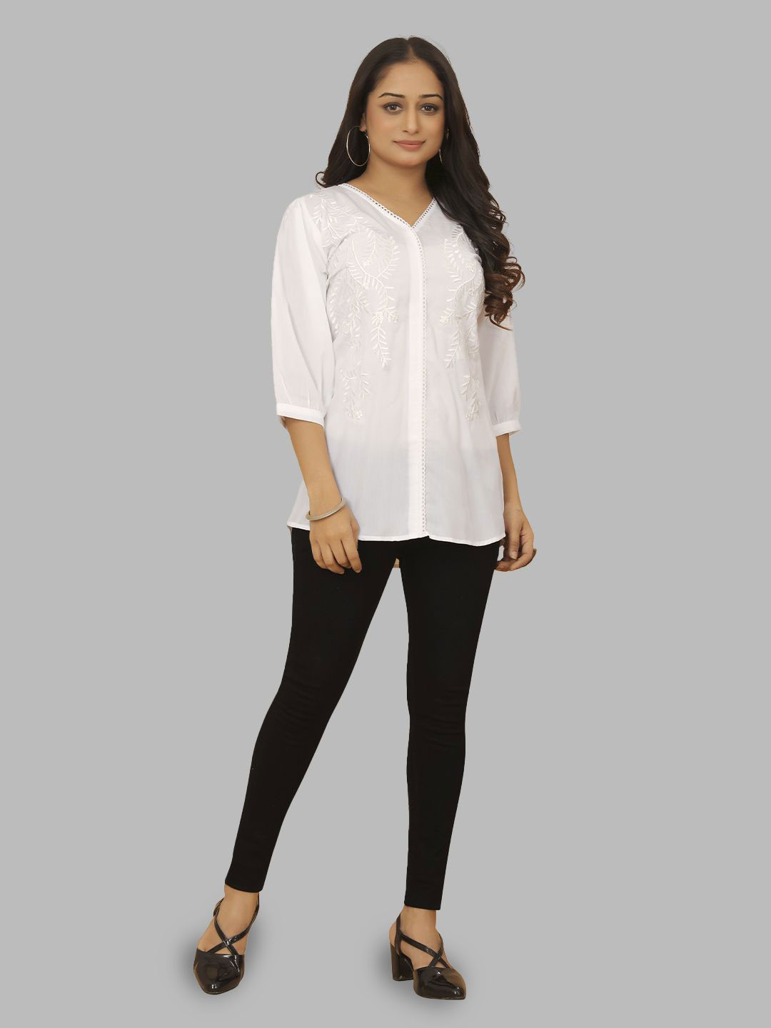 

Krimmple Women V-Neck Embroidered Tunic, White