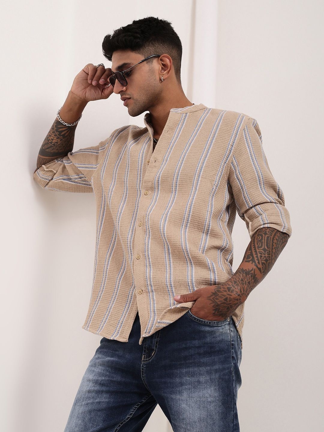 

SHOWOFF Men Comfort Slim Fit Mandarin Collar Vertical Striped Cotton Casual Shirt, Beige