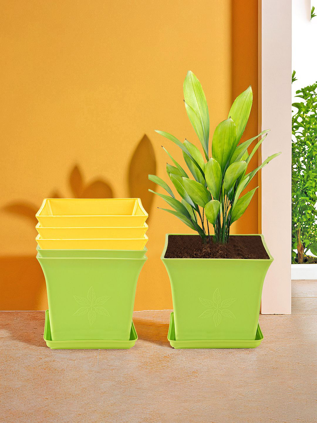 

Kuber Industries 6 Pieces Green & Yellow Premium Flower Pots for Garden with Bottom Plates