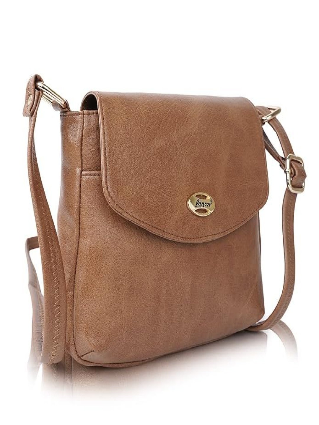 

Lancer Women Solid Structured Leather Sling Bag, Tan