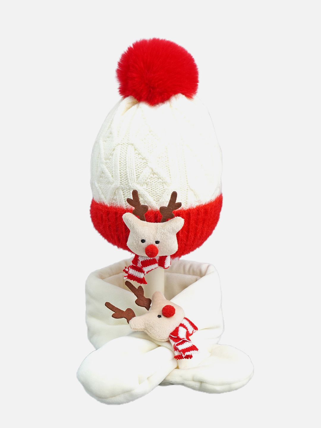 

Little Surprise Box LLP 2Pcs Reindeer Winter Cap Beanie Long Style Neck Muffler For Kids, White