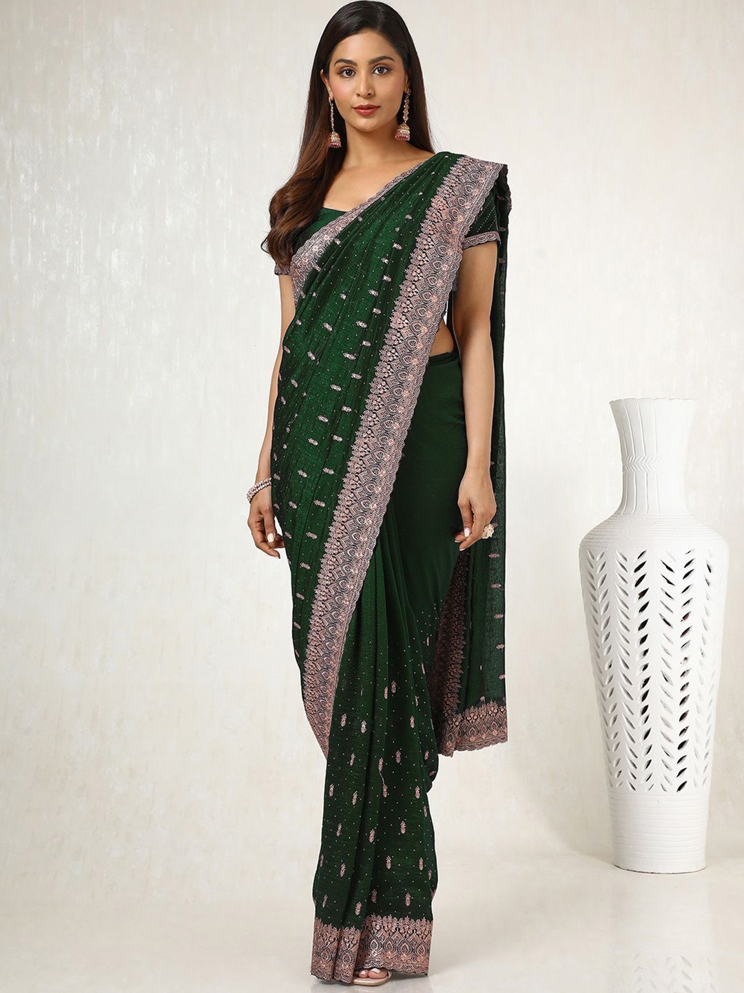 

Soch Woven Design Beads and Stones Silk Blend Tussar Saree, Green
