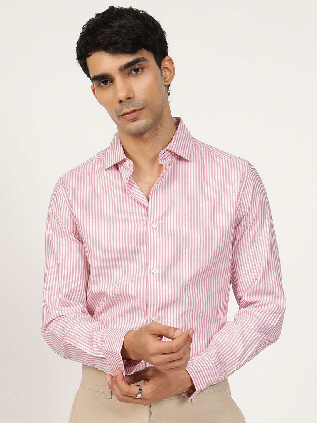 

Andamen Semi Formal Men Stripe Cotton Tencel Regular Fit Shirt, White