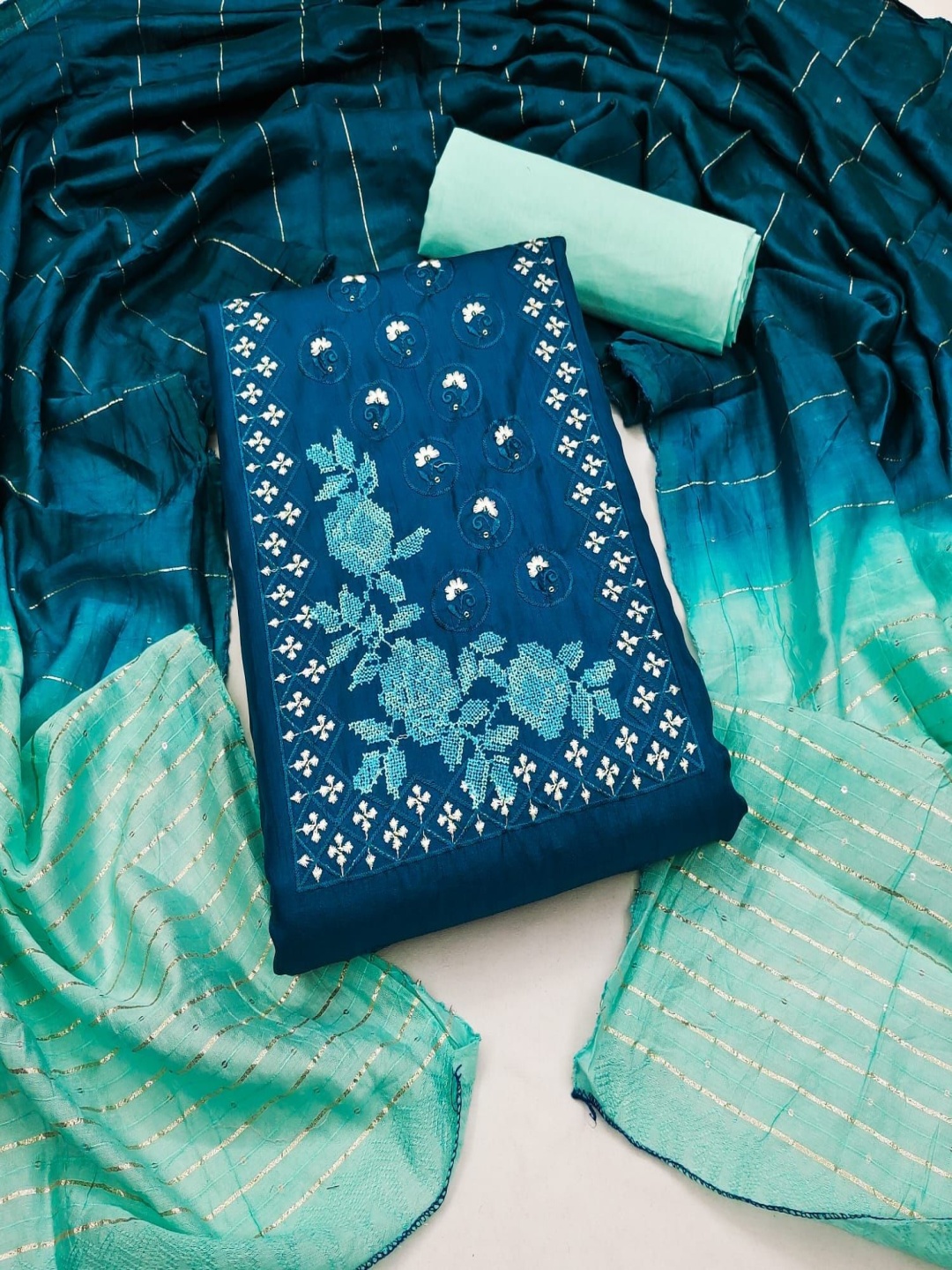 

A TO Z CART Embroidered Pure Silk Unstitched Dress Material, Blue