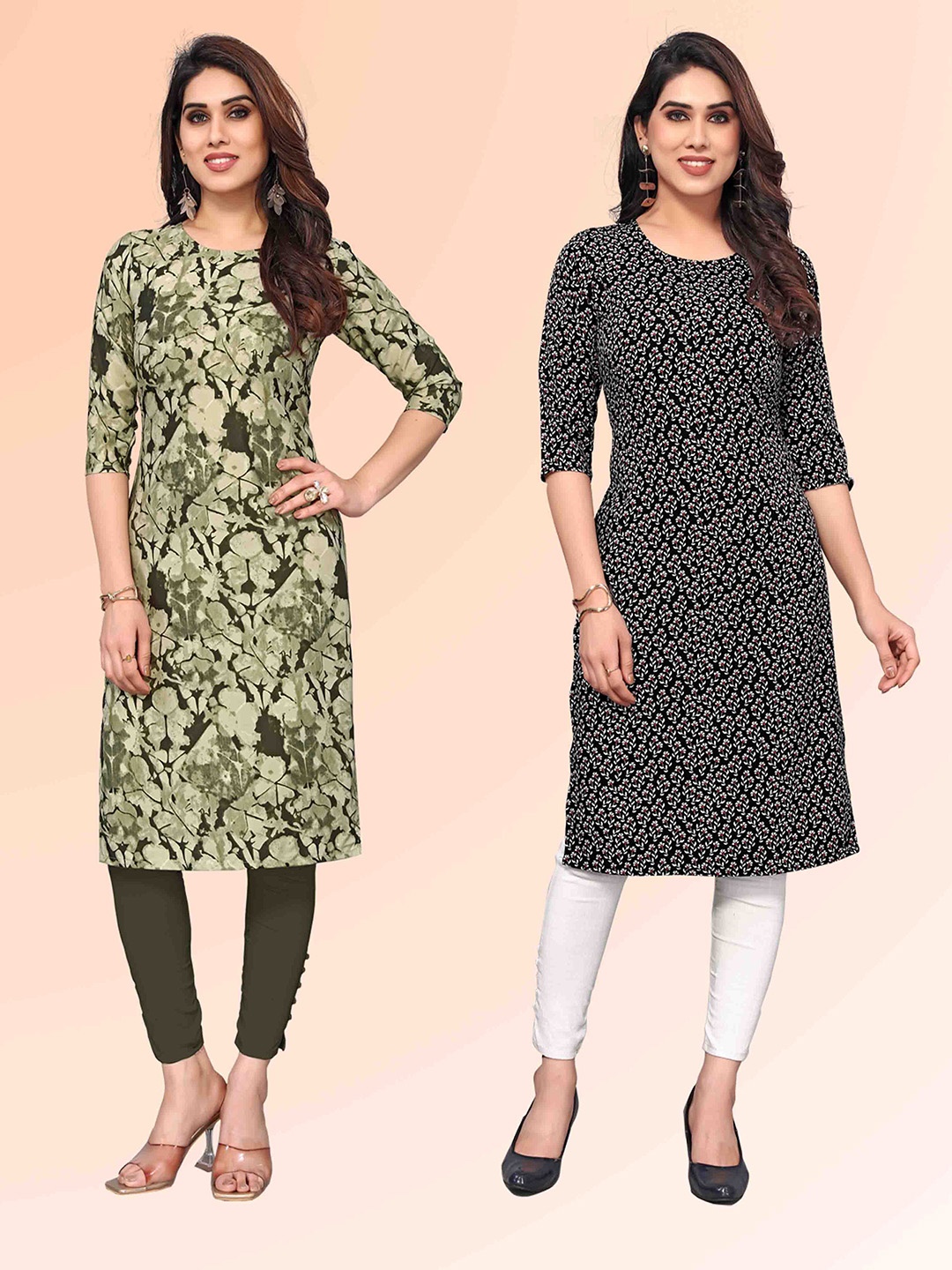 

KETAKI FASHION Selection Of 2 Abstract Printed Round Neck Straight Kurtas, Green