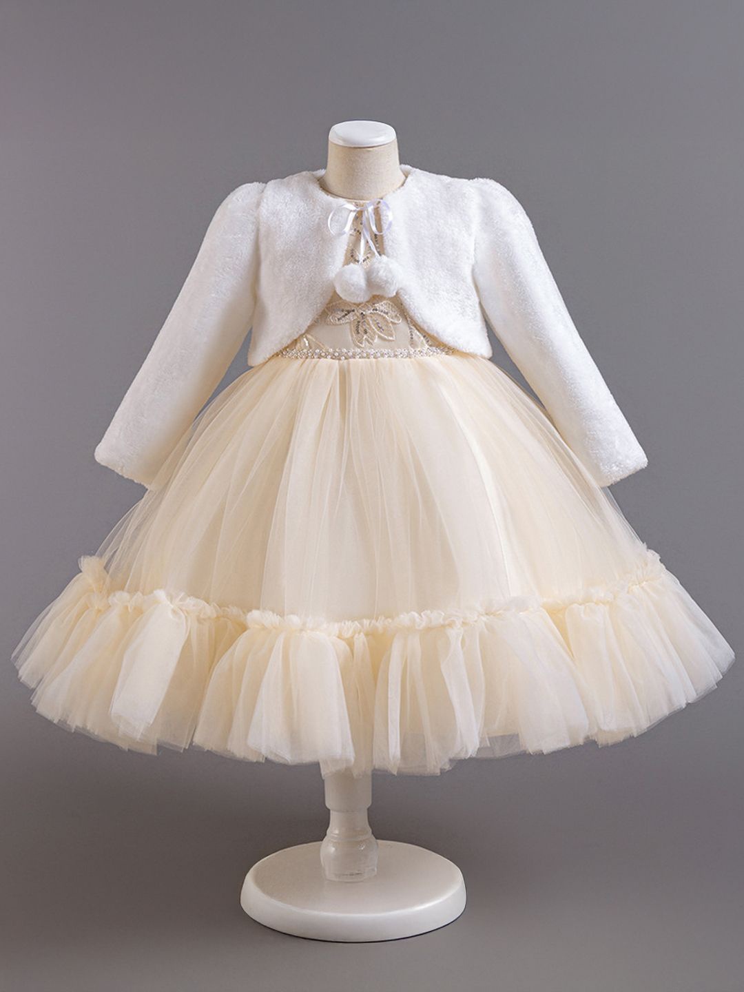 

Xsole Girls Embroidered Ruffles Fit & Flare Dress With Shrug, Cream