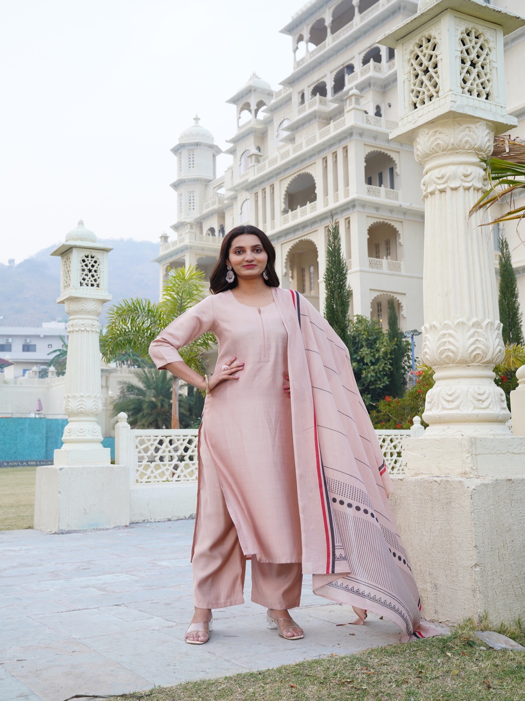

Anni Designer Notch Neck Straight Kurta With Palazzos & Dupatta, Beige