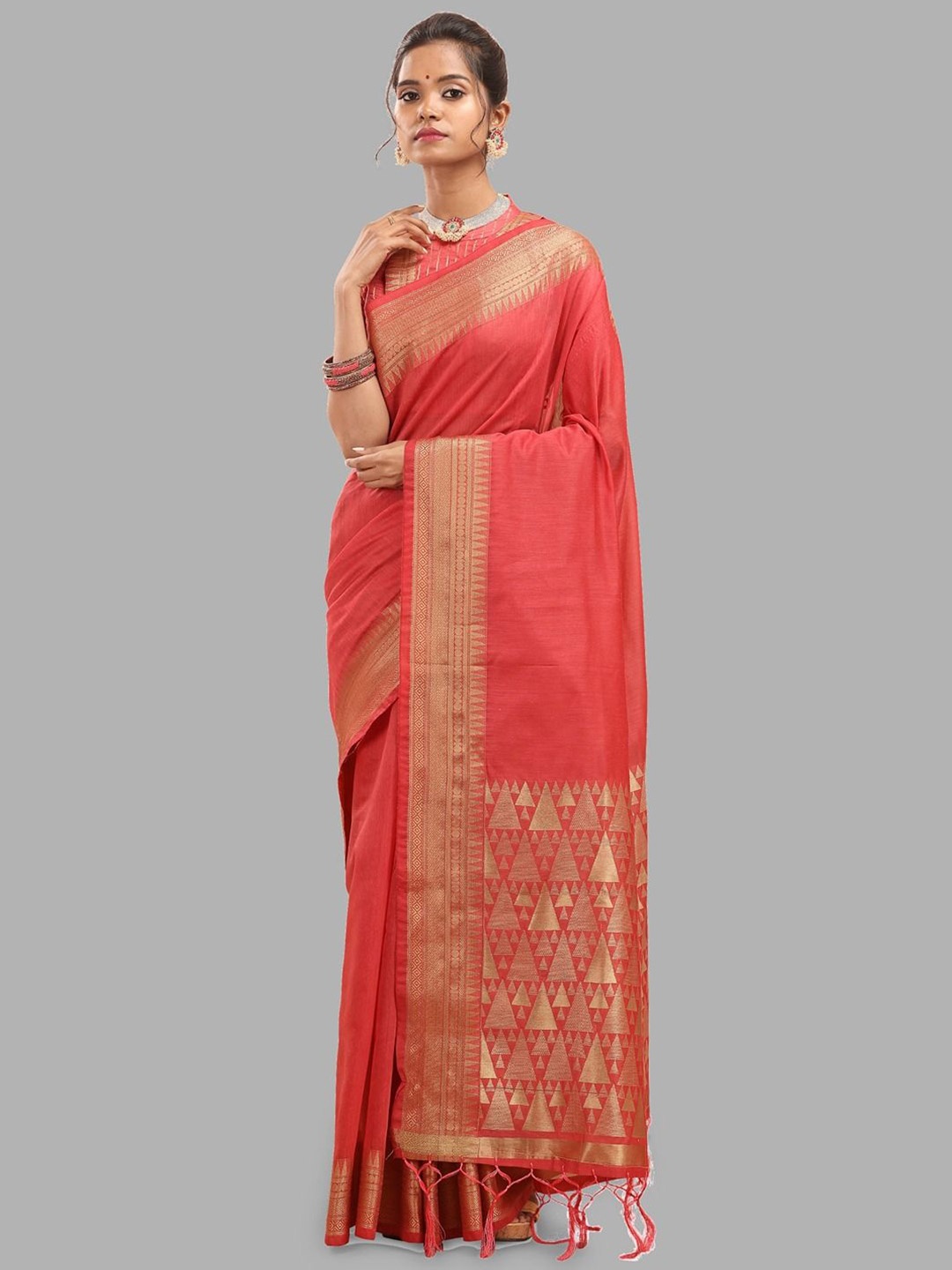 

Krimmple Zari Silk Cotton Banarasi Saree, Red