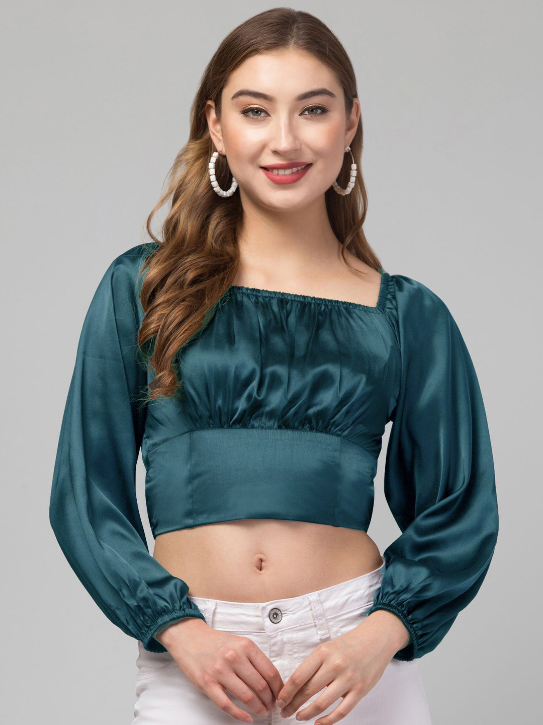 

CULPI Women Square Neck Satin Crop Top, Green