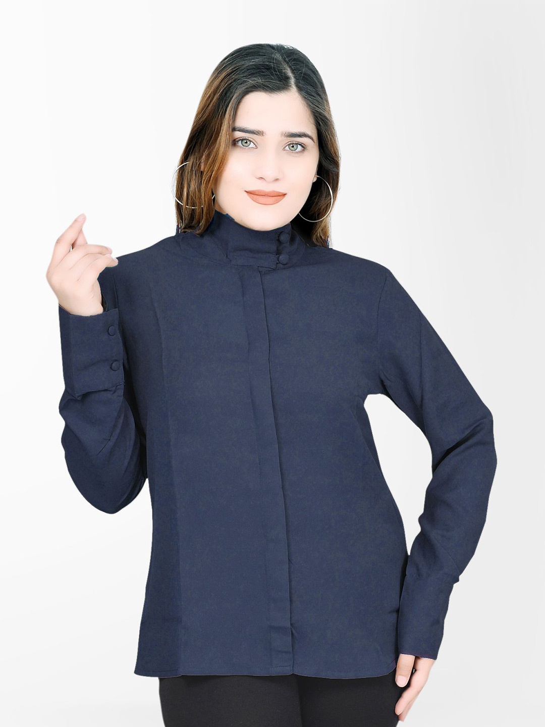 

DELIS Women High Neck Shirt Style Cuffed Sleeves Top, Navy blue