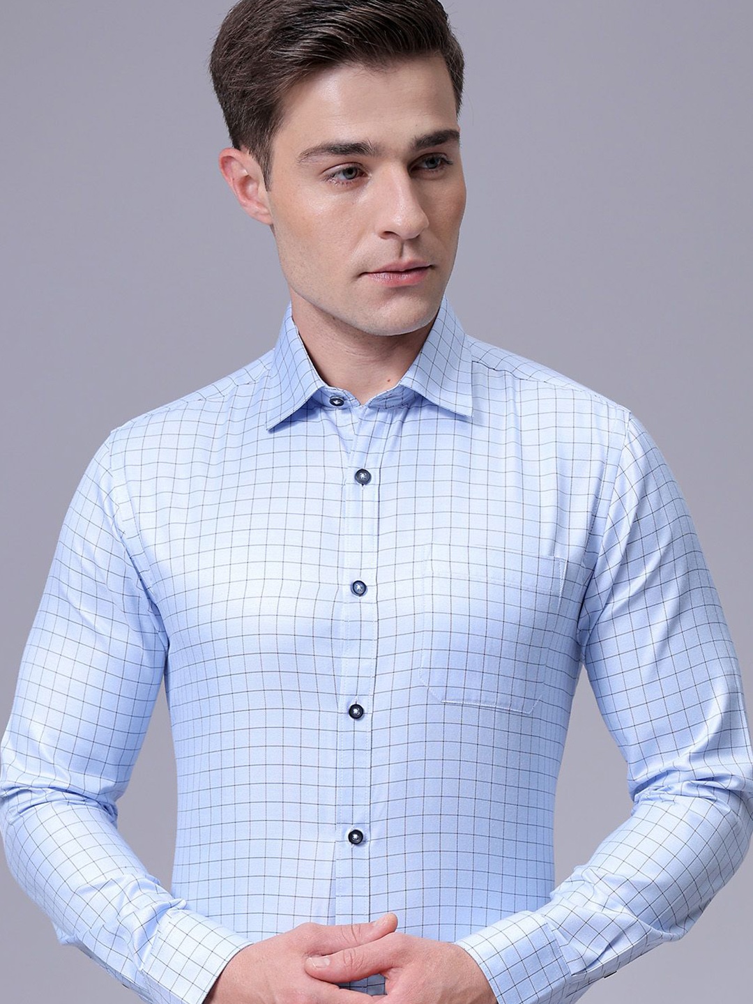 

The Indian Garage Co. X Luxe Men Slim Fit Cutaway Collar Grid Tattersall Checked Formal Shirt, Blue