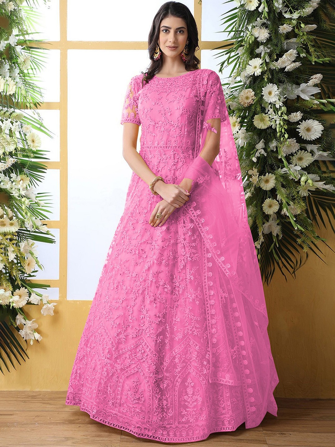 

A TO Z CART Women Embroidered Net A-Line Maxi Ethnic Dress With Dupatta, Pink