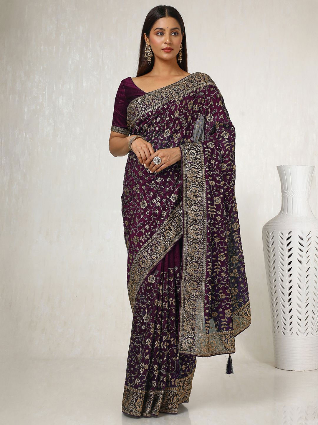 

Soch Floral Beads and Stones Silk Blend Tussar Saree, Purple