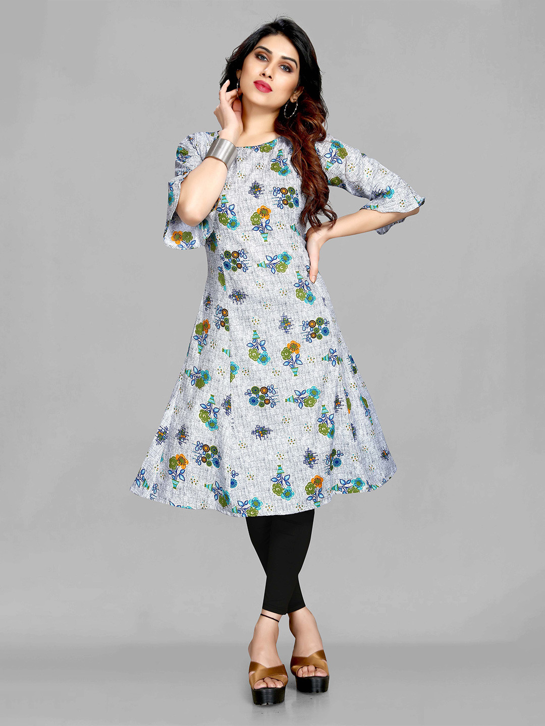 

Krimmple Women Ethnic Printed Flared A-Line Kurta, Grey