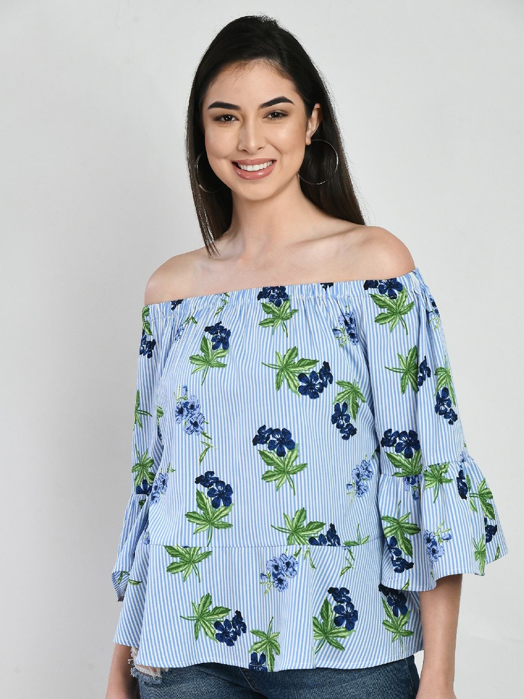 

COATTIRE Floral Print Off-Shoulder Flared Sleeve Crepe Top, Blue