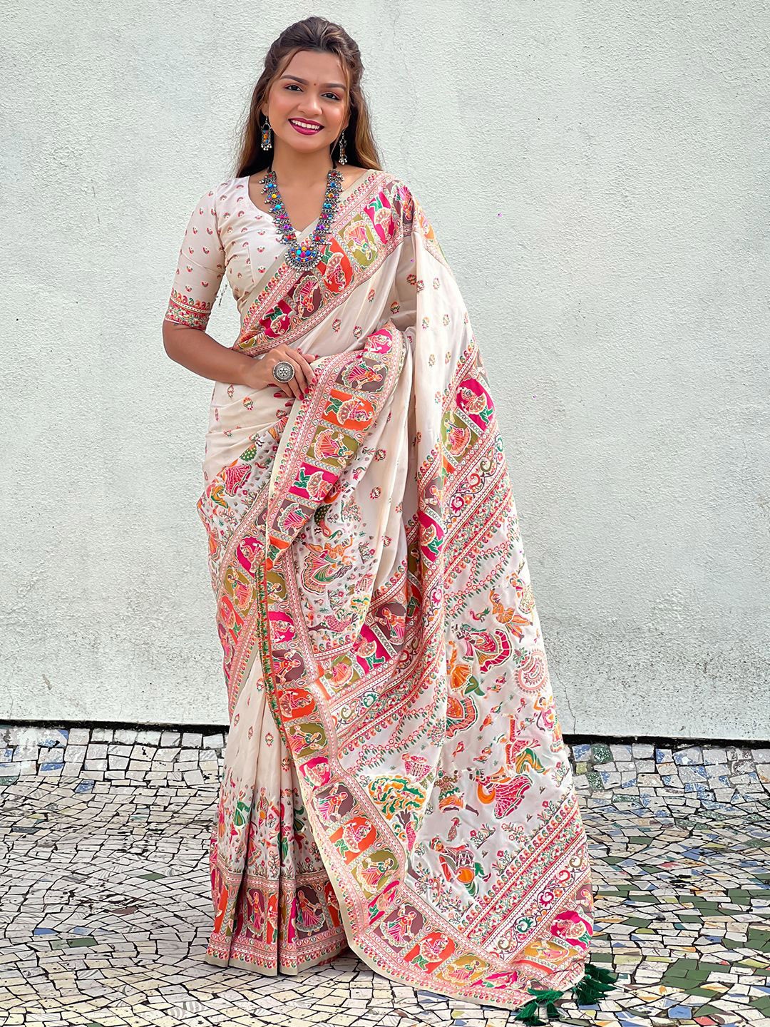 

Mitera Woven Design Zari Pashmina Saree, White