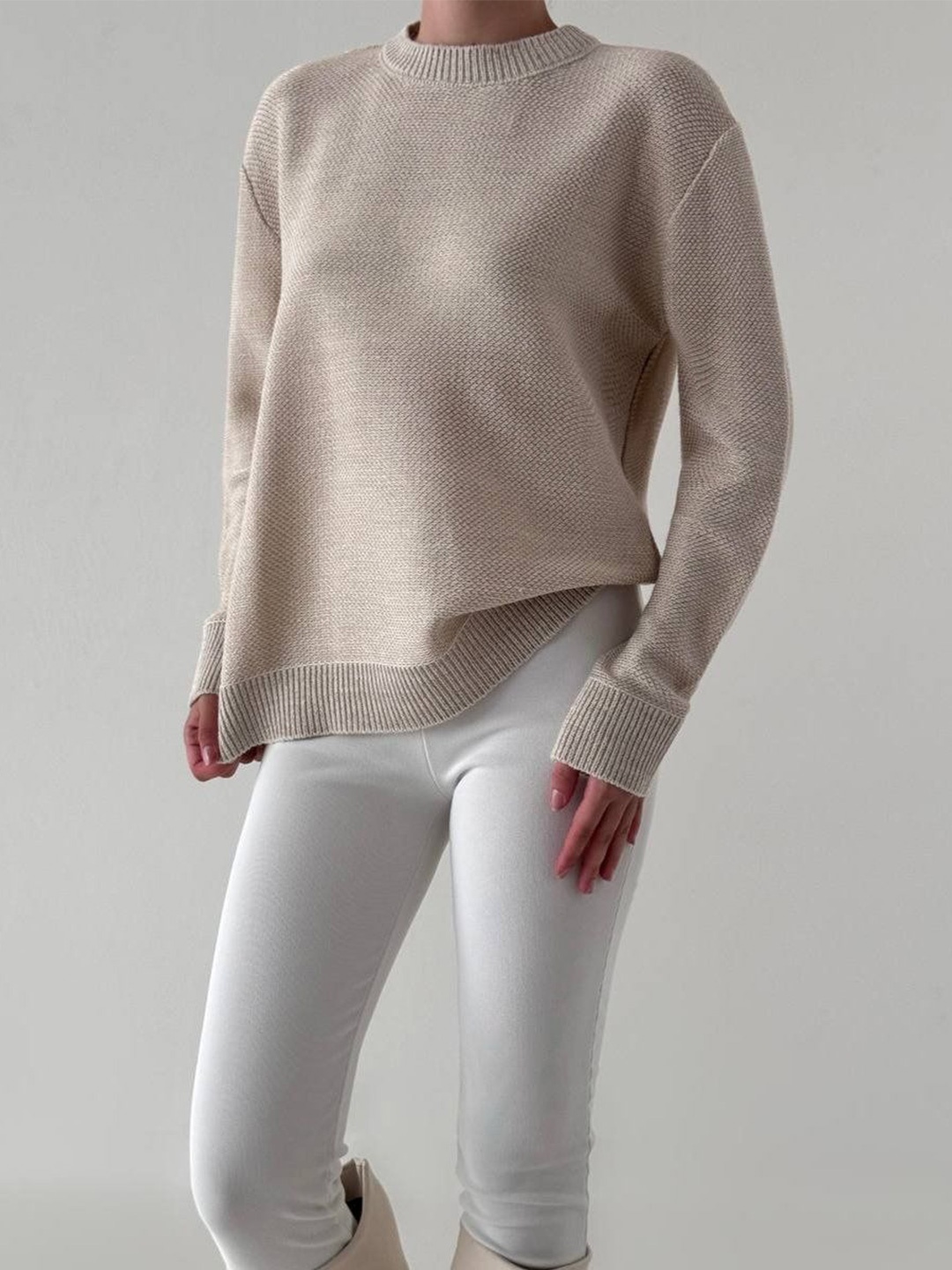 

Fashion Gaiia Round Neck Pullover Sweaters, Beige