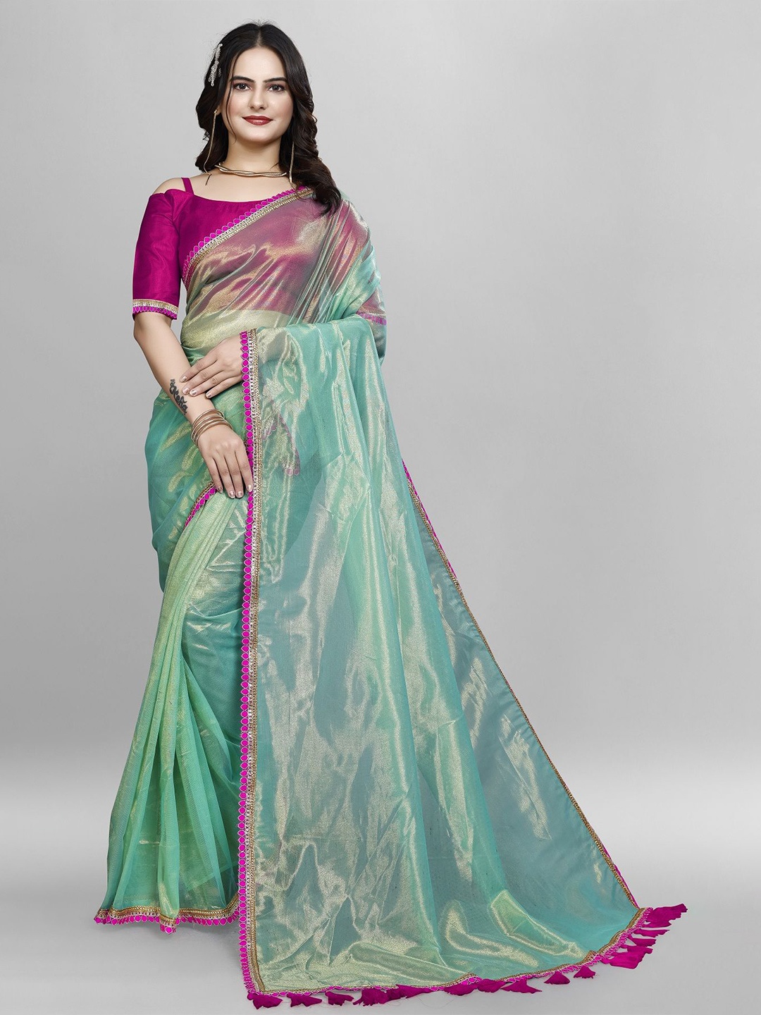 

JULEE Embroidered Net Saree, Turquoise blue