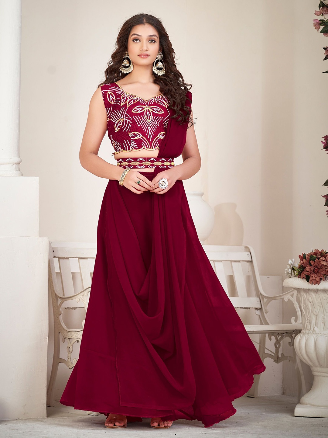 

KALINI Embroidered Thread Work Semi-Stitched Lehenga & Unstitched Blouse With Dupatta, Maroon