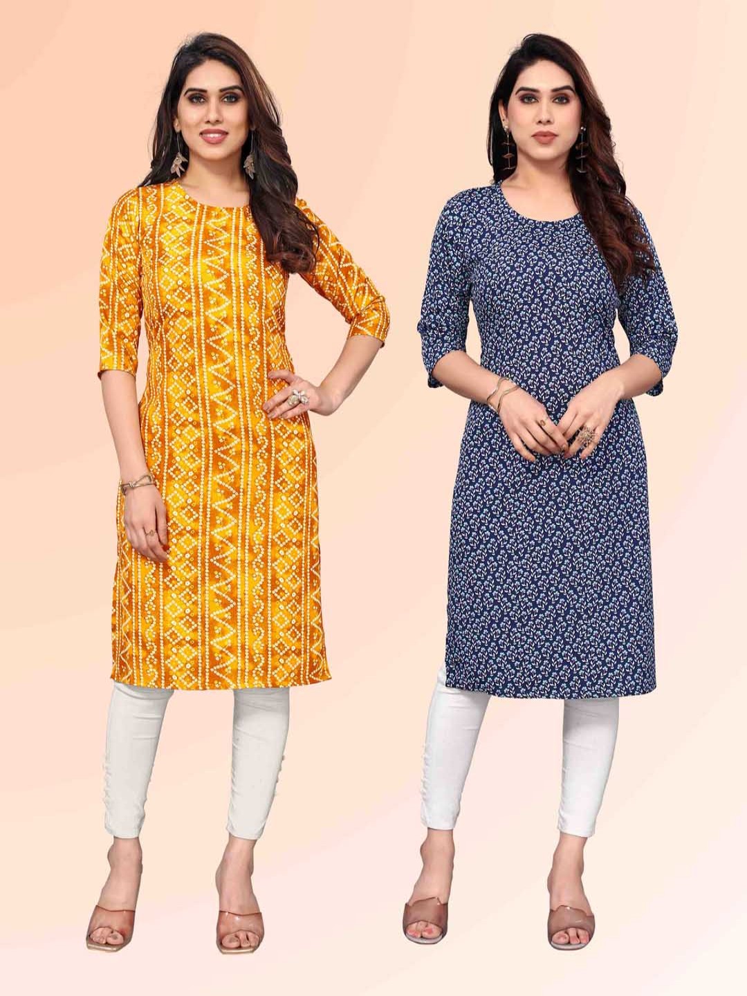 

KETAKI FASHION Selection Of 2 Floral Printed Round Neck Straight Kurtas, Yellow