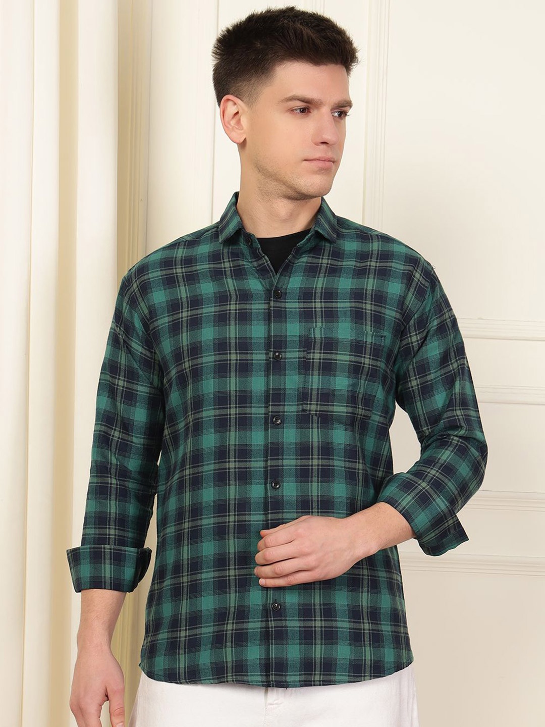 

WOXEN Men Original Fit Spread Collar Tartan Checked Cotton Casual Shirt, Green