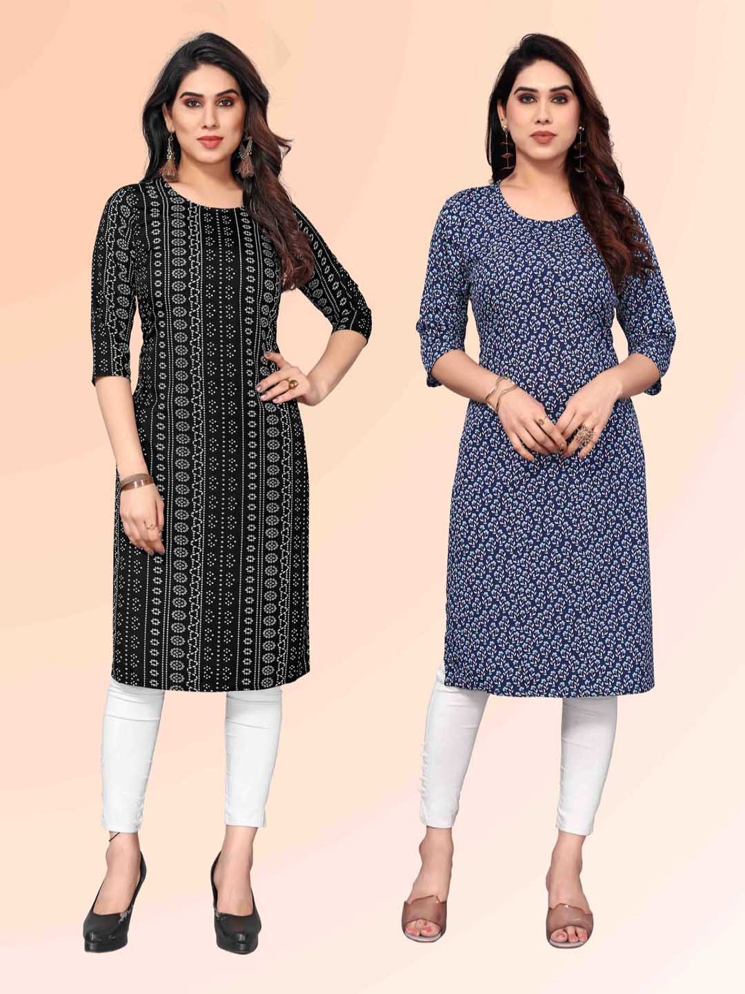 

KETAKI FASHION Selection Of 2 Bandhani Printed Straight Kurtas, Black