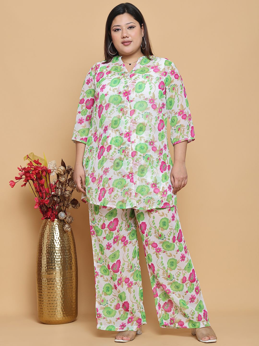 

theRebelinme Plus Size Printed Mandarin Collar Georgette Shirt With Trouser, Green