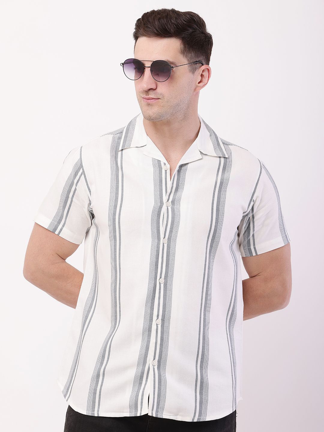 

HERE&NOW Men Comfort Fit Cuban Collar Vertical Striped Cotton Casual Shirt, White